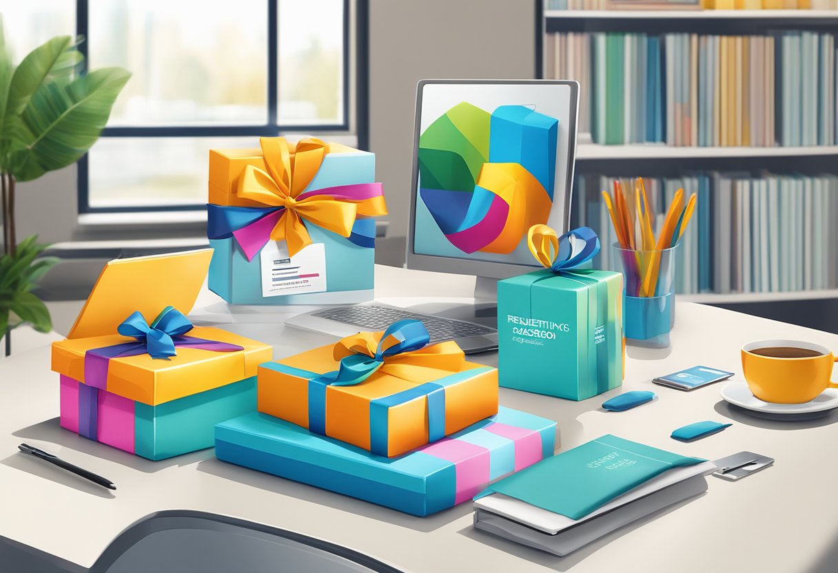 A group of corporate gifts displayed on a table with a sign reading "Frequently Asked Questions custom corporate gifts" in a bright, modern office setting