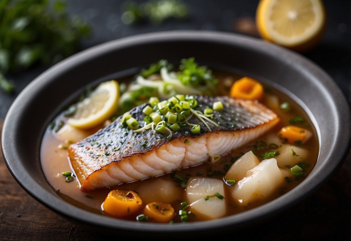 A delicate fillet of fish gently simmering in a flavorful miso broth
