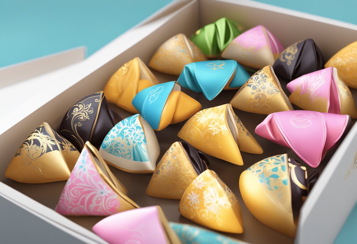Custom fortune cookies, each in its own wrapping, arranged in a corporate gift box