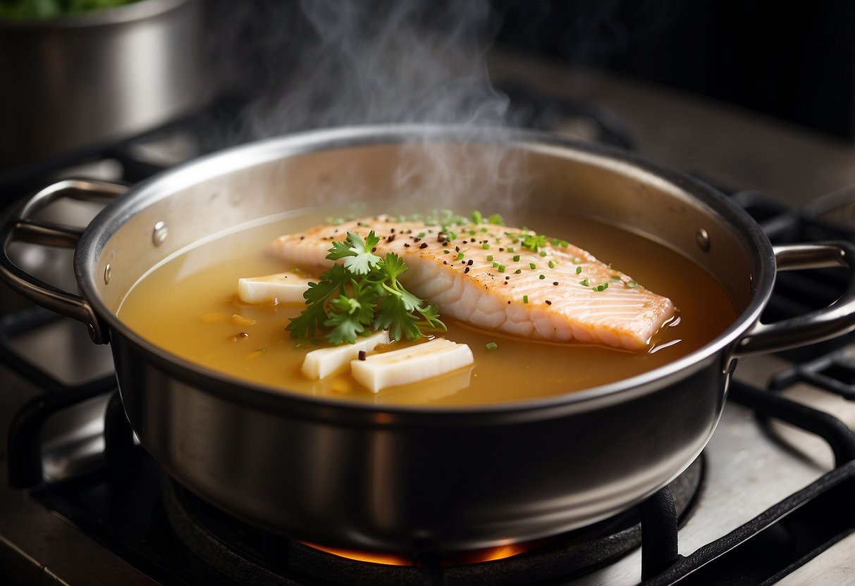 A pot of miso broth simmers on the stove. A fillet of fish is gently lowered into the fragrant liquid, ready to be poached to perfection