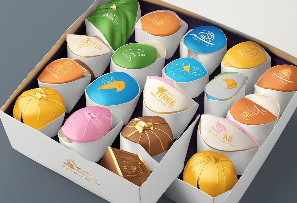 Custom fortune cookies arranged in a gift box, each individually wrapped. Company logo prominently displayed on the packaging