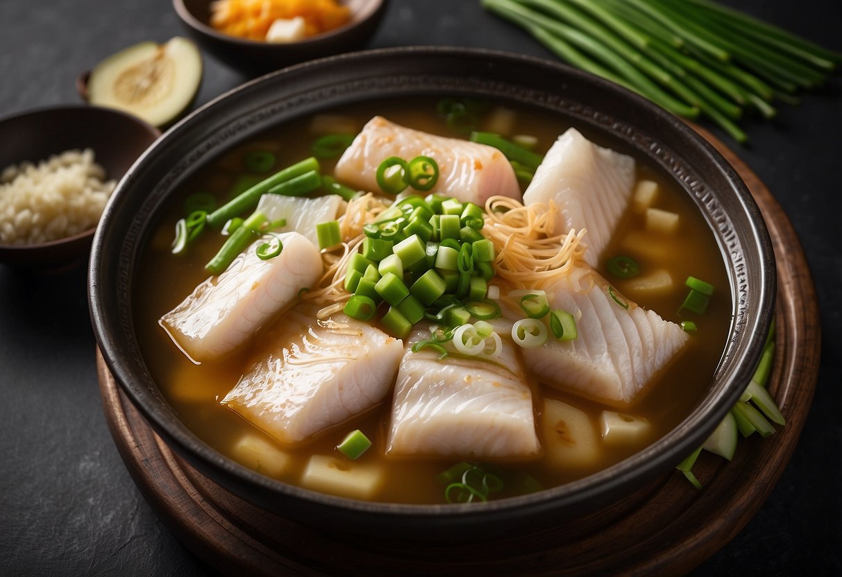 Miso poached fish simmering in a fragrant broth, surrounded by floating pieces of ginger and scallions