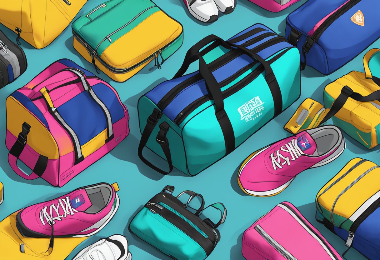 A customised gym bag sits open on the floor, displaying its vibrant colors and personalized design