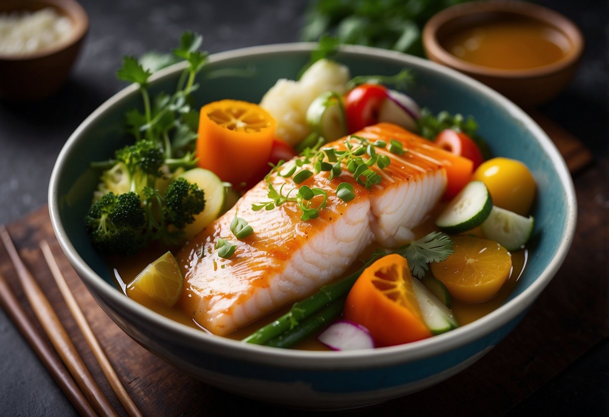 Miso poached fish surrounded by a variety of colorful vegetables and garnished with fresh herbs, served in a shallow bowl