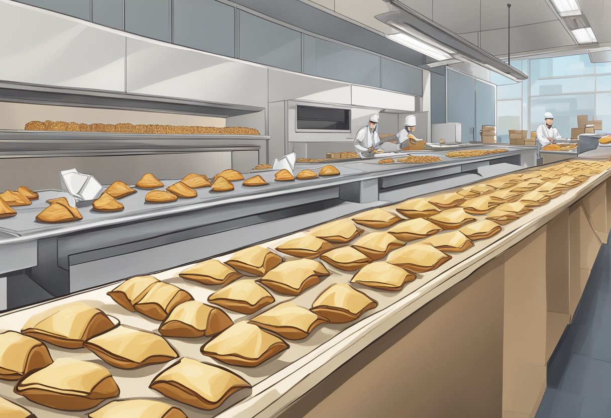 A conveyor belt moves custom fortune cookies into individual wrapping for corporate gifting. Boxes are stacked nearby for delivery