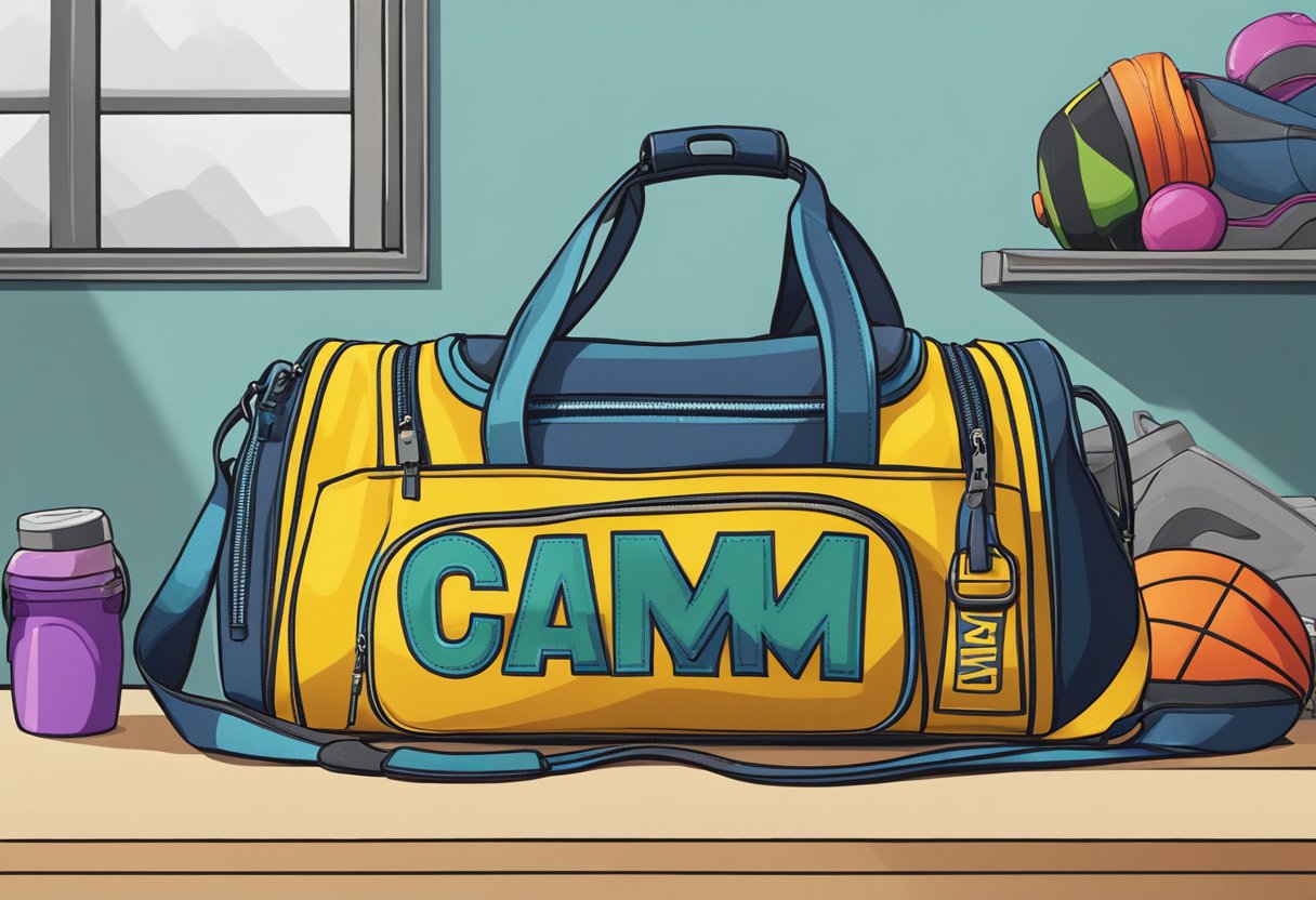 A vibrant, personalized gym bag sits on a bench, adorned with bold colors and custom embroidery, ready for a workout