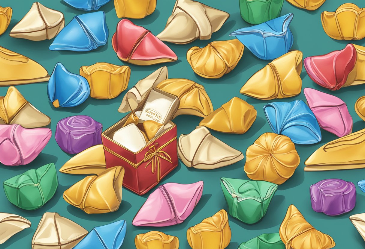 A table filled with custom fortune cookies, each individually wrapped, ready to be given as a corporate gift