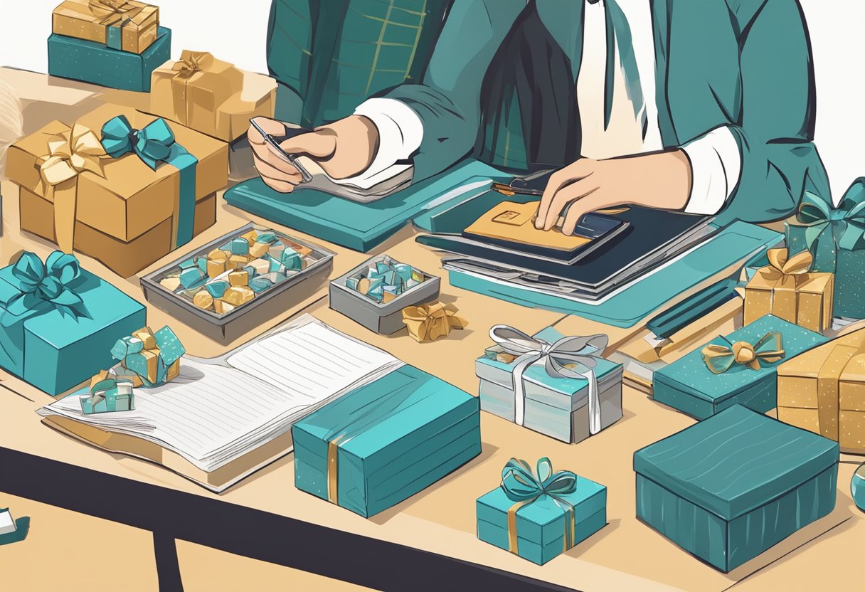 A person choosing custom corporate Christmas gifts from a selection of items on a table