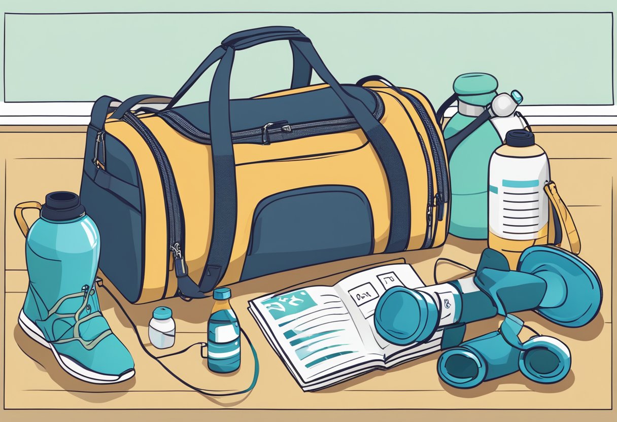 A customised gym bag with "Frequently Asked Questions" printed on it, surrounded by various workout equipment and a water bottle