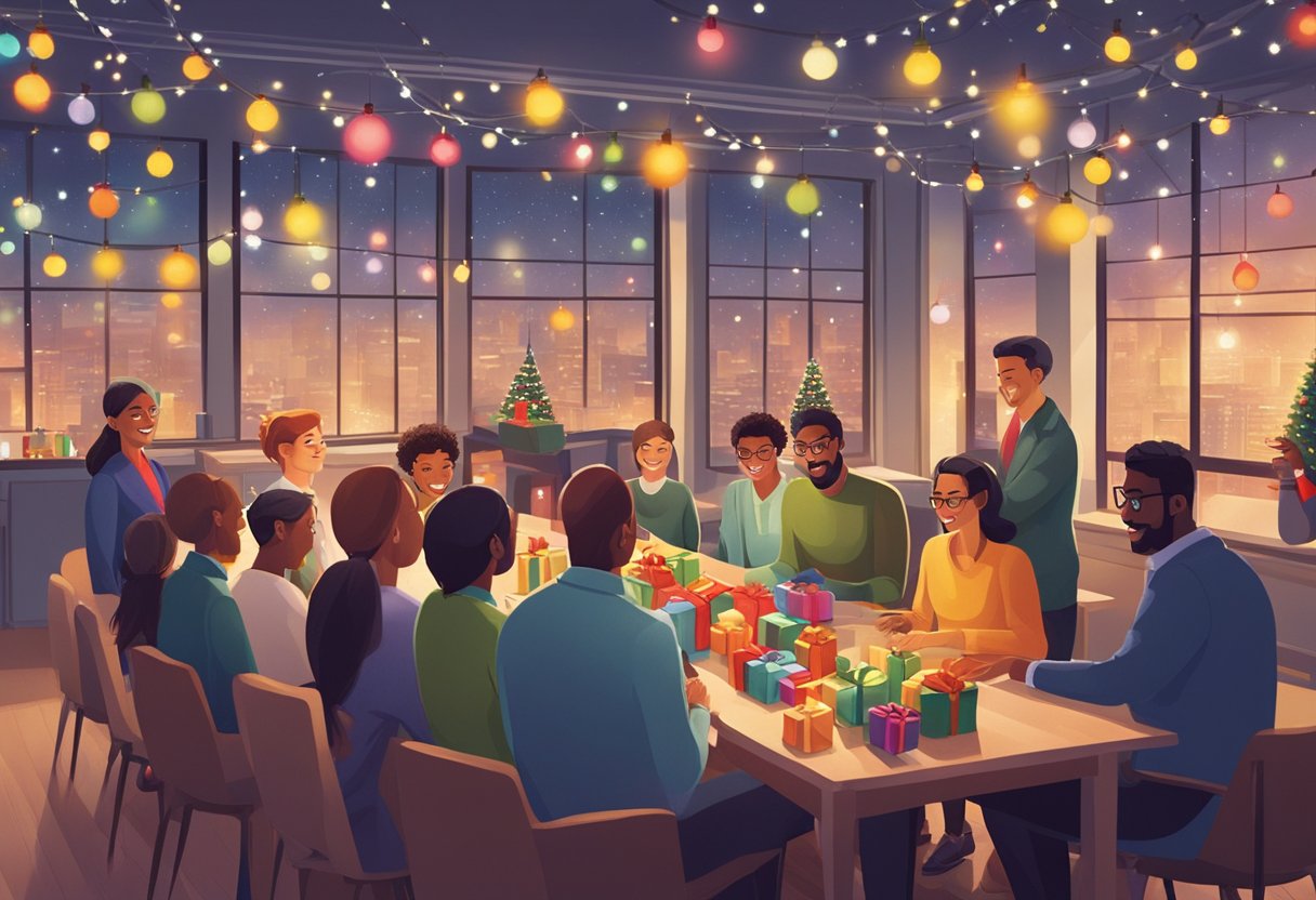 A group of employees gather around a table, exchanging custom corporate Christmas gifts. The room is festively decorated with twinkling lights and colorful decorations. A sense of excitement and gratitude fills the air