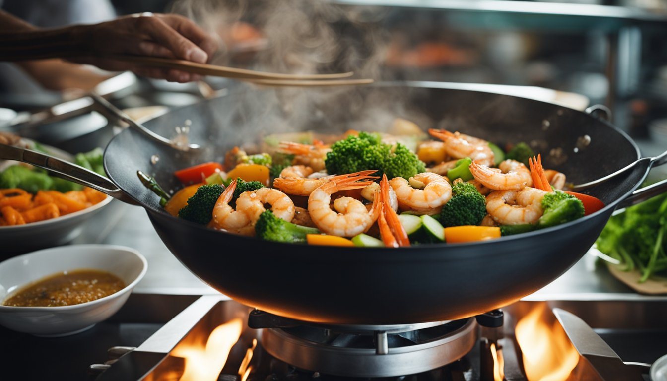 A sizzling wok tosses a medley of prawns, squid, and fish with vibrant vegetables and aromatic spices in a bustling Singaporean kitchen