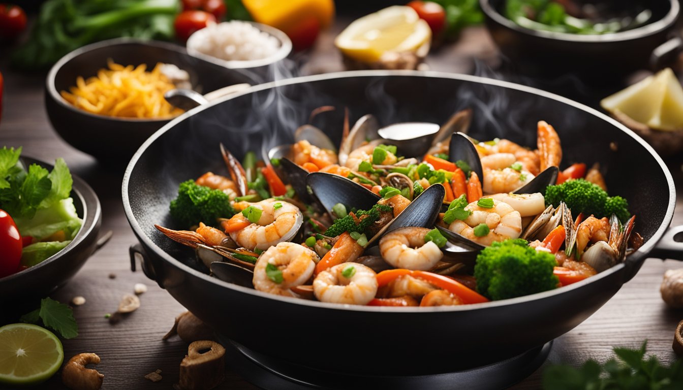 A sizzling wok filled with an assortment of fresh seafood, sizzling in a fragrant blend of chili, garlic, and ginger, with colorful vegetables and aromatic herbs
