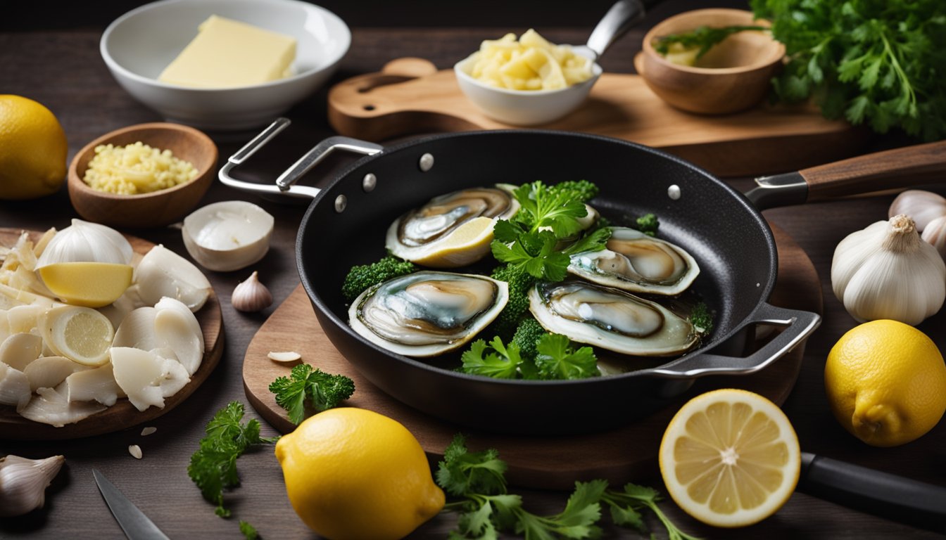 A table set with ingredients: abalone, garlic, butter, lemon, parsley. A pan sizzling on a stove. A chef's knife and cutting board