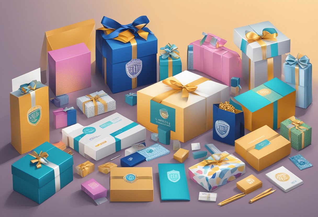 A corporate gift box with a logo-branded item inside, surrounded by various other branded merchandise and packaging materials