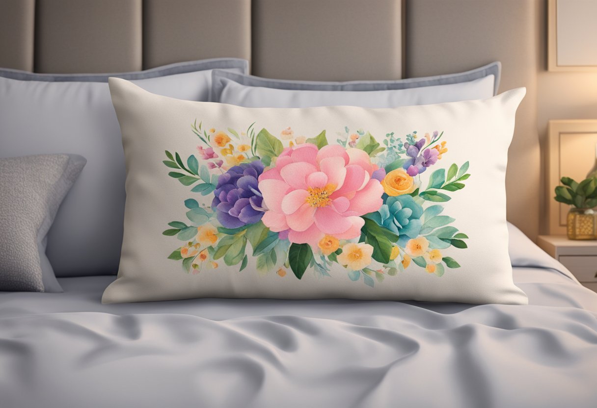 A customized pillow case with a vibrant floral pattern and a personalized name embroidered in the corner, resting on a cozy bed with soft lighting