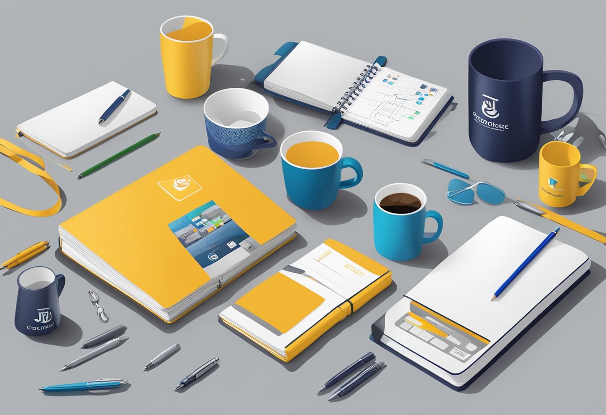 A table with branded corporate gifts: mugs, notebooks, and pens, displayed with a company logo