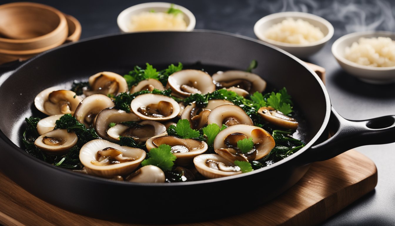 Sliced mushrooms sizzling in a hot pan with soy sauce, garlic, and seaweed, imitating the texture and flavor of abalone