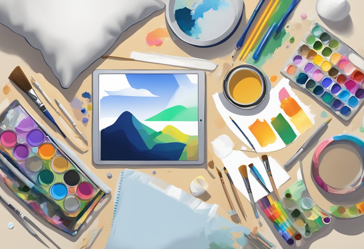 A pillow case with a blank canvas. A variety of art supplies scattered around, including paint, brushes, and stencils. A computer showing different design options