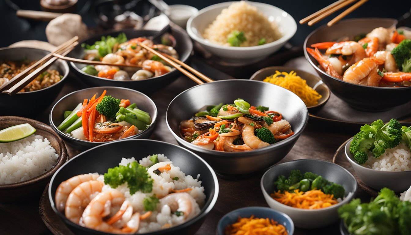 A sizzling wok filled with a colorful array of fresh seafood, vibrant vegetables, and aromatic spices, surrounded by bowls of steamed rice and chopsticks