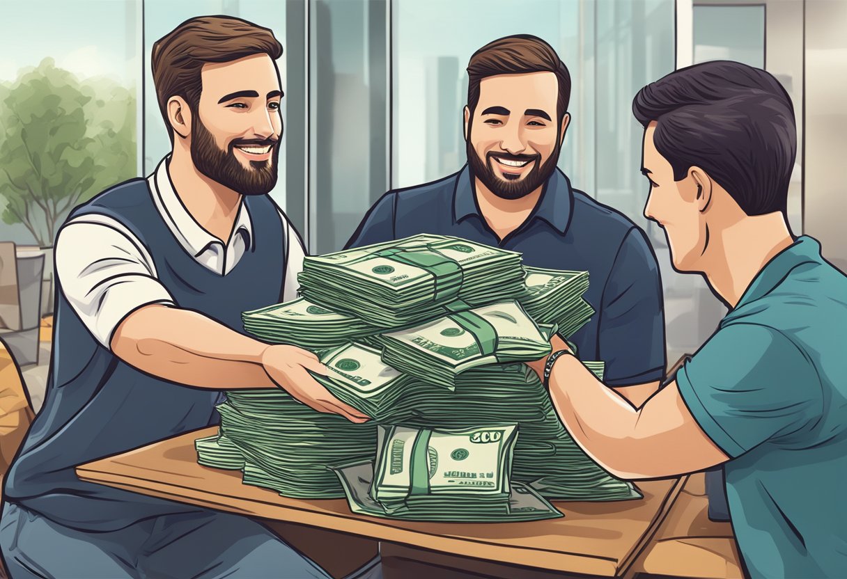 A customer handing money to a seller while receiving a custom pillow case