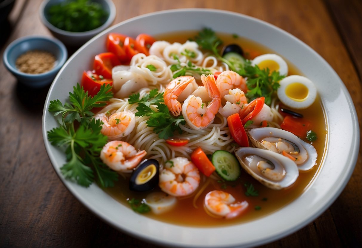 A steaming bowl of mixed seafood noodle soup sits on a wooden table, garnished with fresh herbs and chili peppers. Steam rises from the bowl, and the vibrant colors of the seafood and vegetables pop against the rich broth