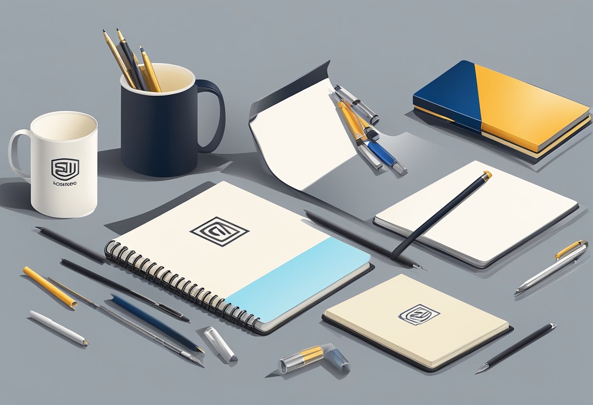 A corporate logo is being carefully placed on various gift items, such as pens, mugs, and notebooks, in a sleek and professional manner