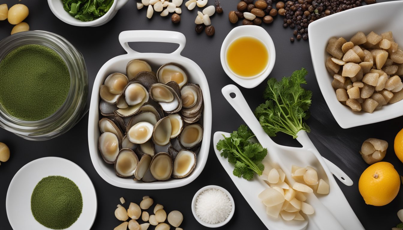 A kitchen counter with ingredients and utensils for making mock abalone dish