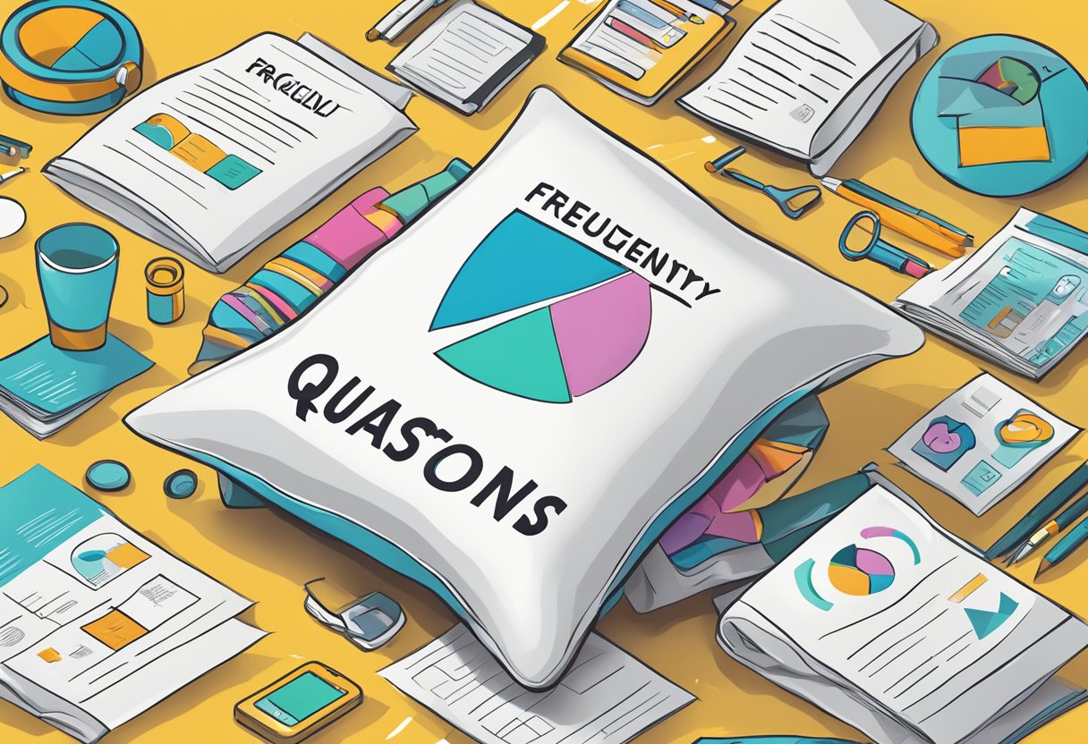 A pillowcase with "Frequently Asked Questions" text and colorful illustrations