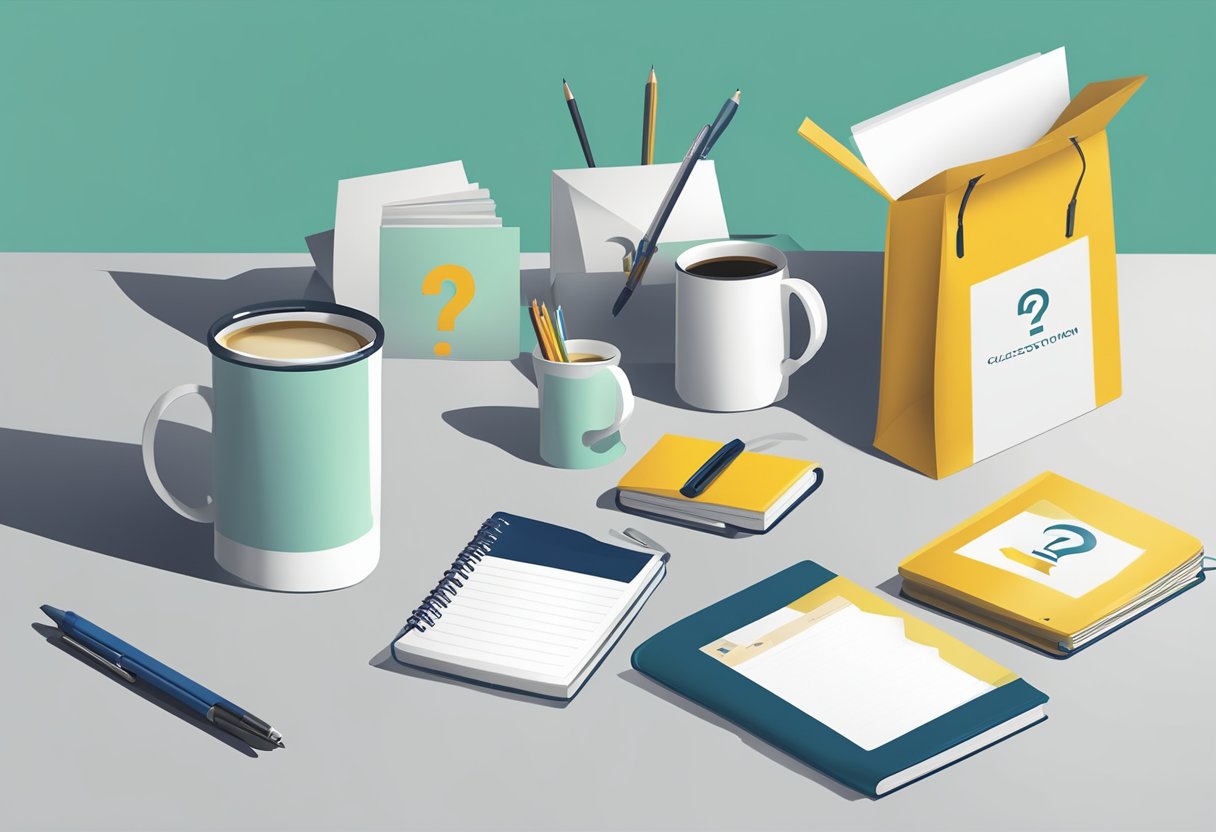 A group of corporate gifts, such as branded mugs, pens, and notebooks, are displayed on a table with a question mark hovering above them