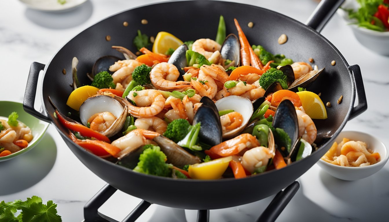 A sizzling wok filled with an assortment of fresh seafood and colorful vegetables being tossed and stir-fried over high heat. A fragrant aroma fills the air as the ingredients are expertly combined with flavorful sauces