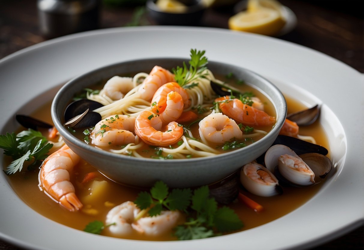 A pot simmering with a rich broth, filled with an assortment of fresh seafood, noodles, and aromatic herbs and spices
