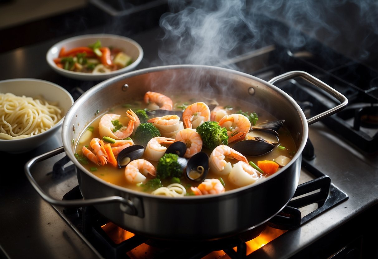 A pot simmers on a stove with mixed seafood, noodles, and vegetables. Steam rises as a chef adds spices and stirs the fragrant broth