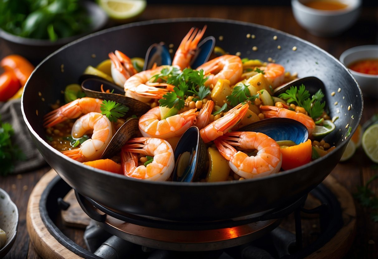 A sizzling wok filled with a colorful array of seafood, sizzling in a fragrant blend of Singaporean spices and herbs