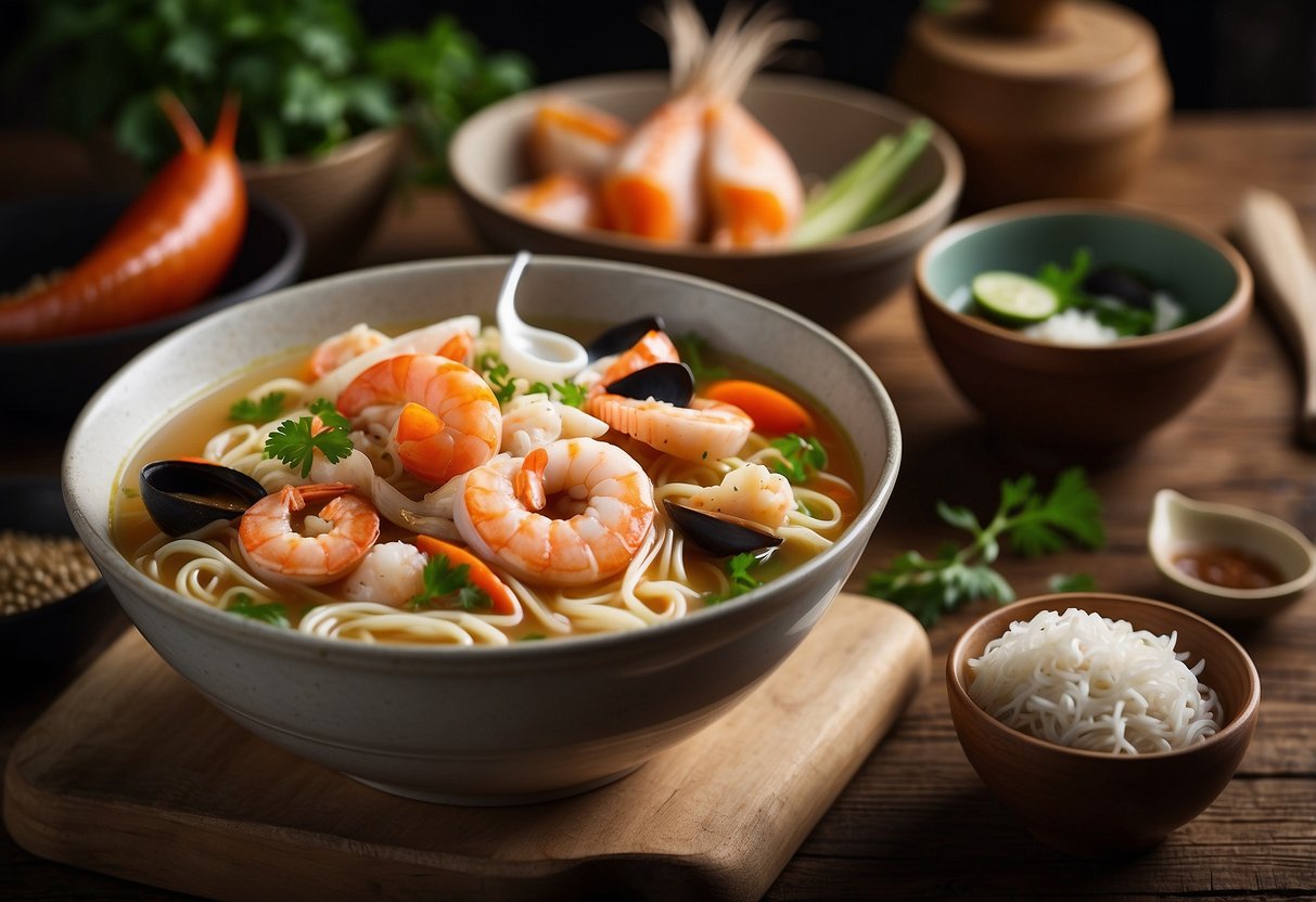 A steaming bowl of mixed seafood noodle soup sits on a rustic wooden table, surrounded by fresh ingredients and cooking utensils