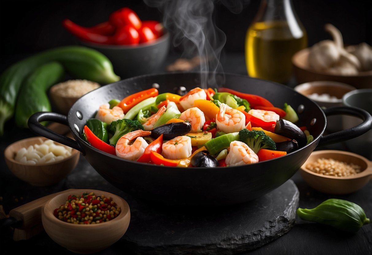 A wok sizzles with mixed seafood, bok choy, and bell peppers in a fragrant stir-fry sauce, surrounded by essential ingredients like garlic, ginger, and chili peppers