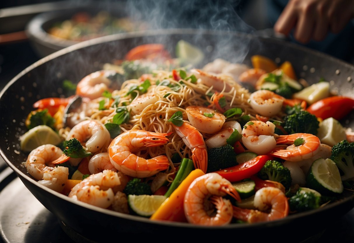 A sizzling wok tosses a colorful mix of seafood, vegetables, and aromatic spices in a bustling Singaporean kitchen