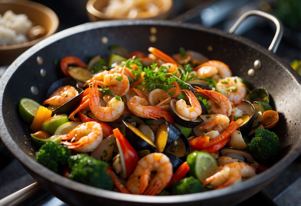 A sizzling wok filled with a colorful array of mixed seafood, vegetables, and aromatic spices, emitting a mouthwatering aroma