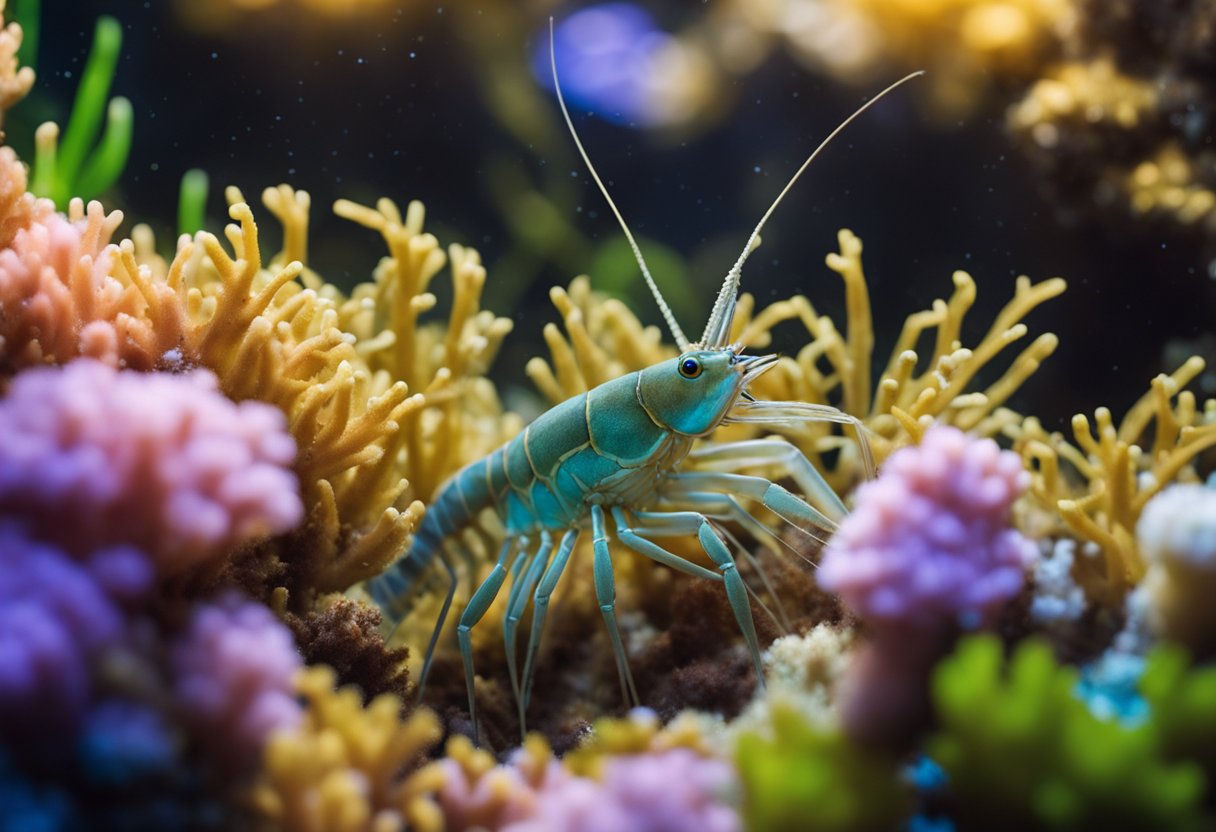 A mother prawn tending to her young in a cozy underwater burrow, surrounded by gently swaying seaweed and colorful coral