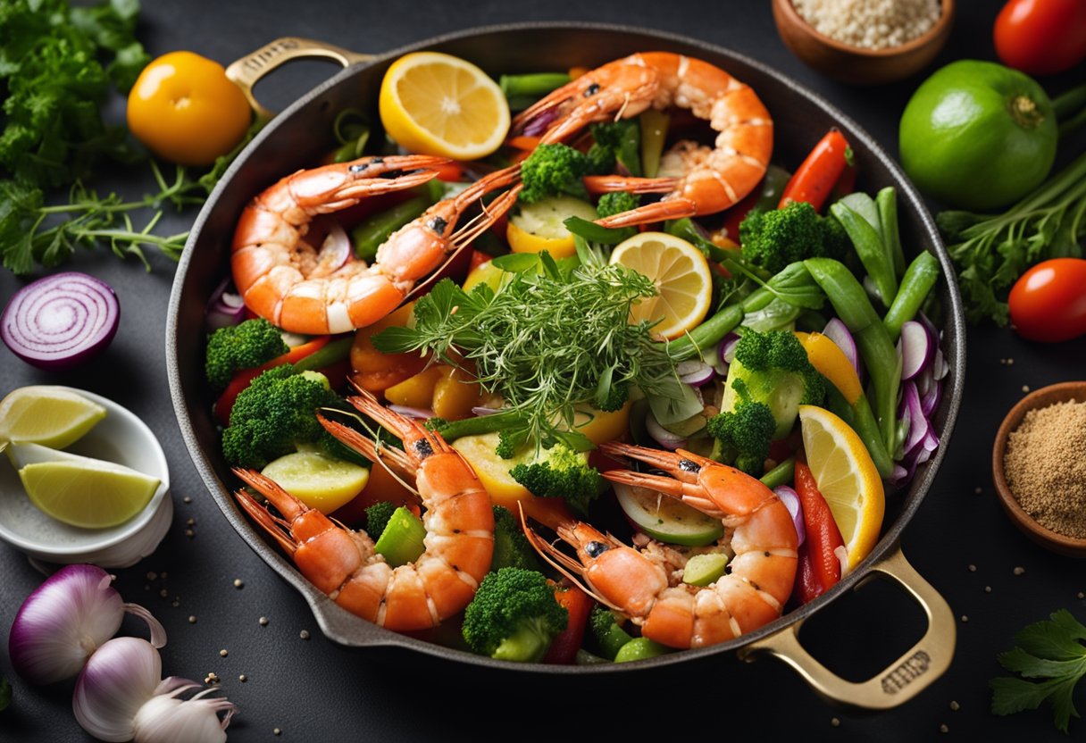 A large mother prawn sizzling in a hot pan, surrounded by colorful vegetables and aromatic herbs