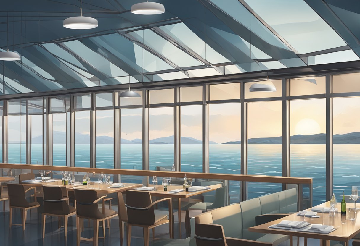 A sleek, modern fishing restaurant with a minimalist design, large windows overlooking the water, and a display of fresh seafood on ice