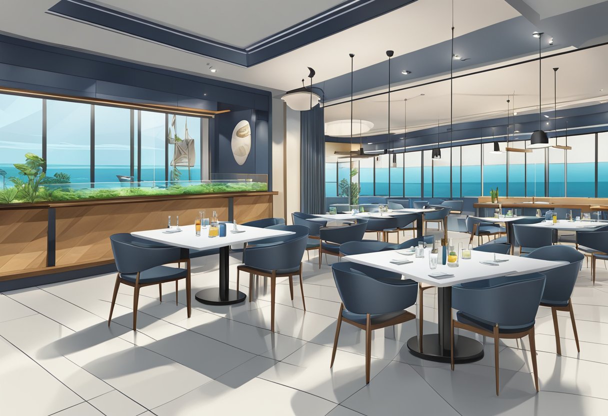 A sleek, contemporary restaurant with a prominent fishing theme. The space features a large, illuminated fish tank, nautical decor, and a clean, minimalist design