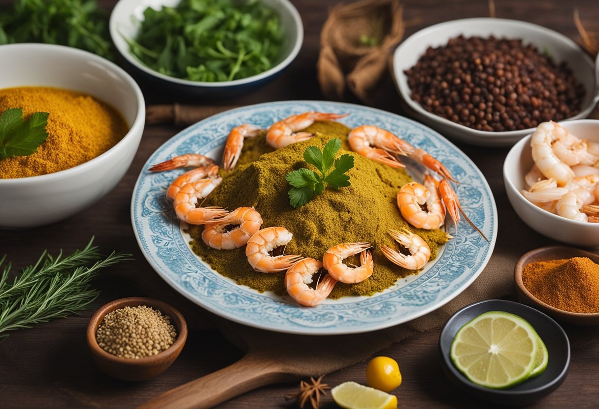 A table set with colorful spices, herbs, and fresh prawns. A recipe book open to a page on mother prawn dishes