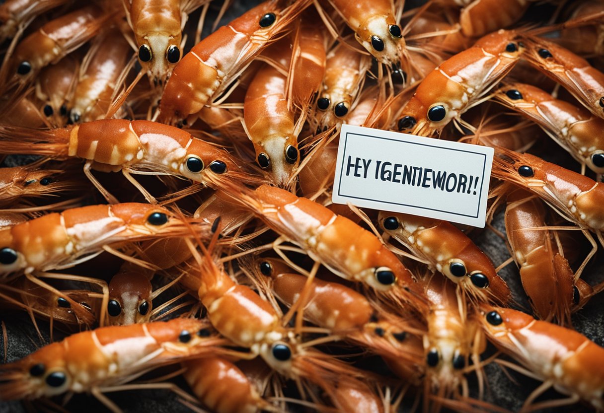 A mother prawn surrounded by curious little prawns, with a sign reading "Frequently Asked Questions" in the background