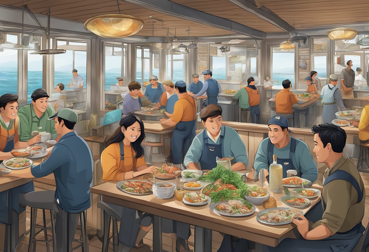 A bustling fishing restaurant with customers enjoying seafood dishes, waitstaff serving tables, and a display of fresh catches on ice