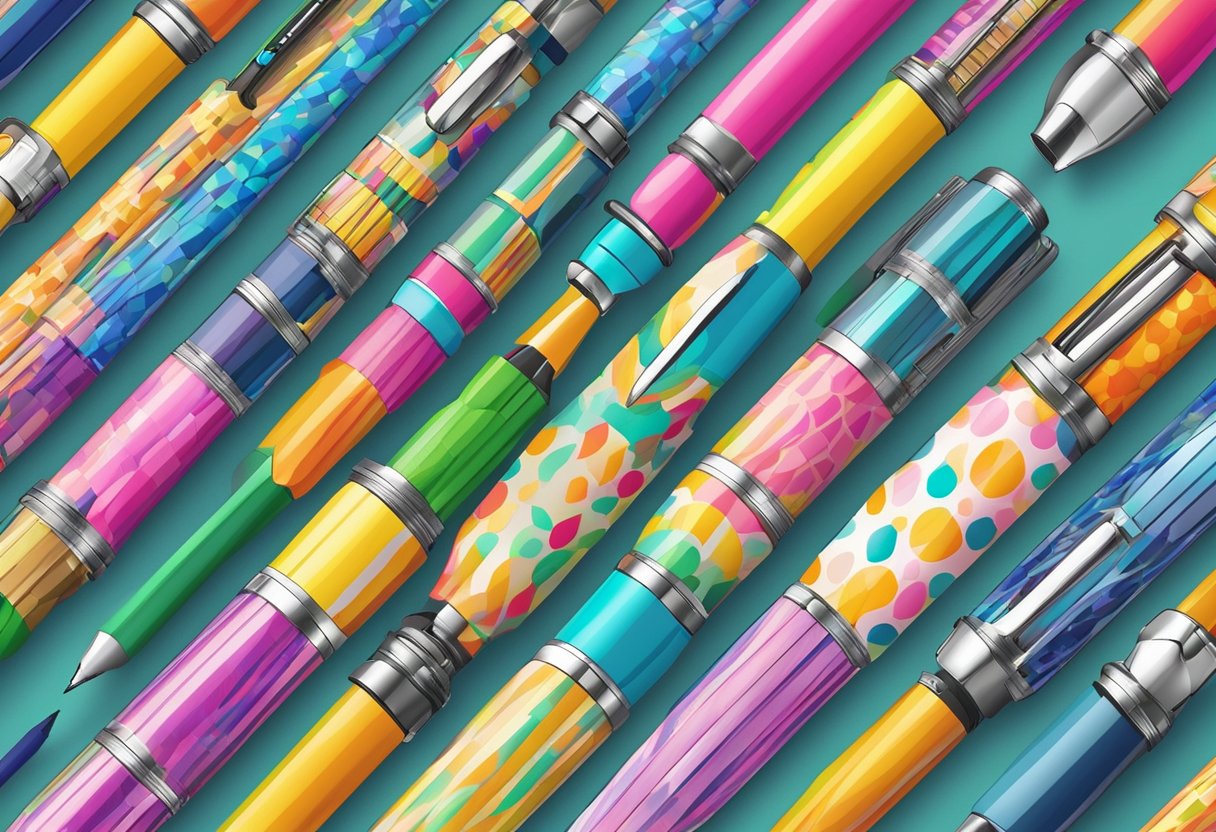 Customised pens arranged in a colorful display, each with unique designs and patterns. Bright lights illuminate the pens, casting interesting shadows