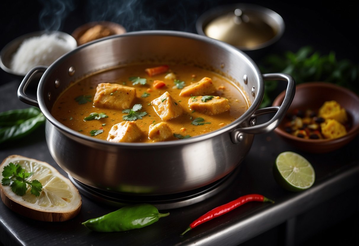 A pot of modha fish curry simmers on a stove, filled with aromatic spices and coconut milk, surrounded by traditional Kerala-style ingredients