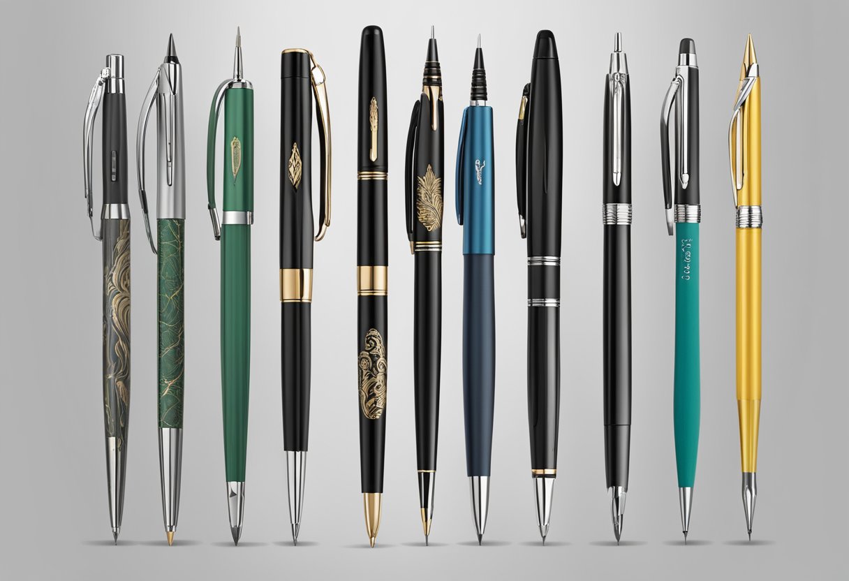 Various custom pens arranged on a table, showcasing different colors, designs, and materials. Each pen is personalized with unique logos or engravings