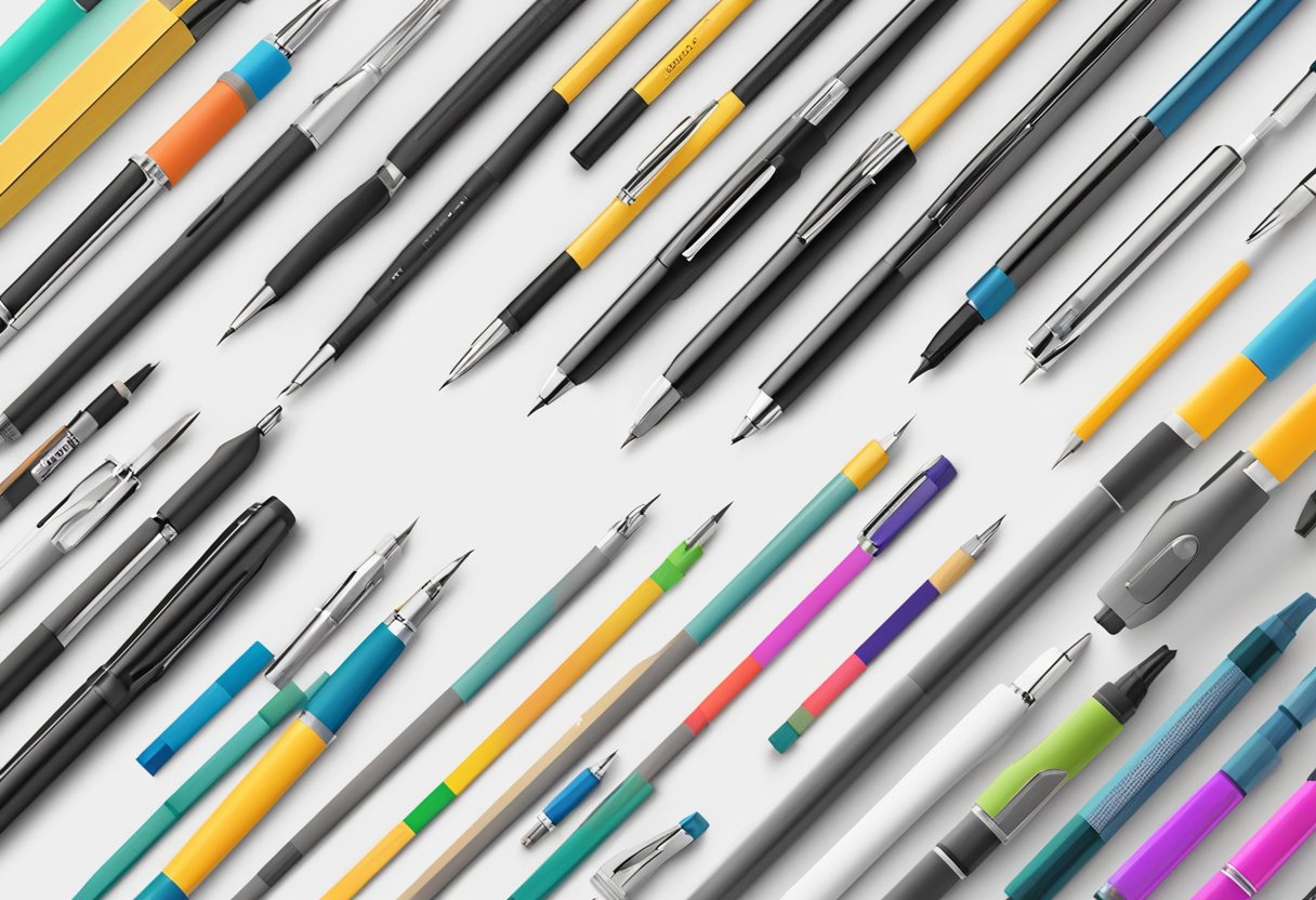 A table with various pens in different colors and styles, with branding options displayed nearby