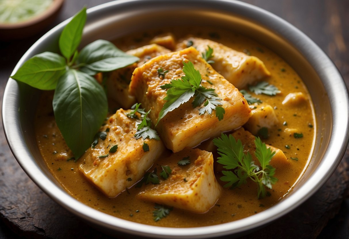 Modha fish pieces simmer in a fragrant Kerala-style curry, infused with coconut milk, curry leaves, and spices