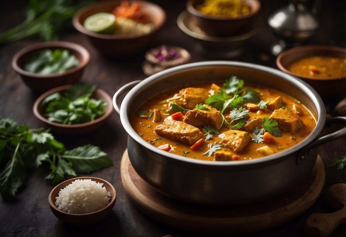A pot simmering with modha fish curry, surrounded by aromatic spices and herbs, evoking the flavors of Kerala